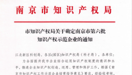 喜報(bào)！南京永能新材料有限公司獲選南京市知識(shí)產(chǎn)權(quán)示范企業(yè)！